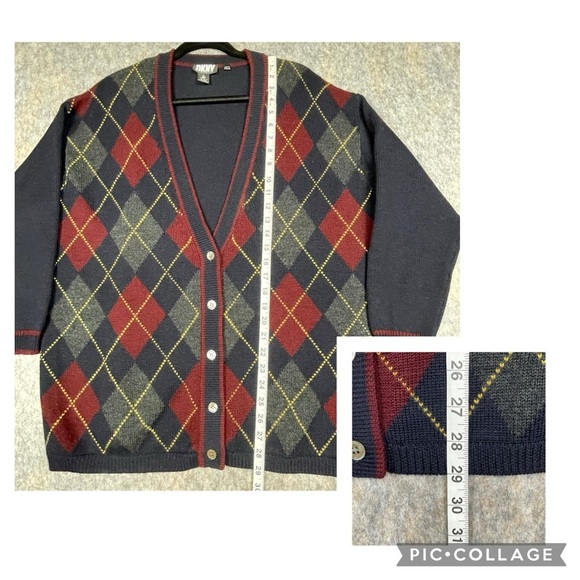 DKNY Wool Argyle Preppy Collegiate Grandmacore Relaxed Cardigan Sweater * - Picture 13 of 15